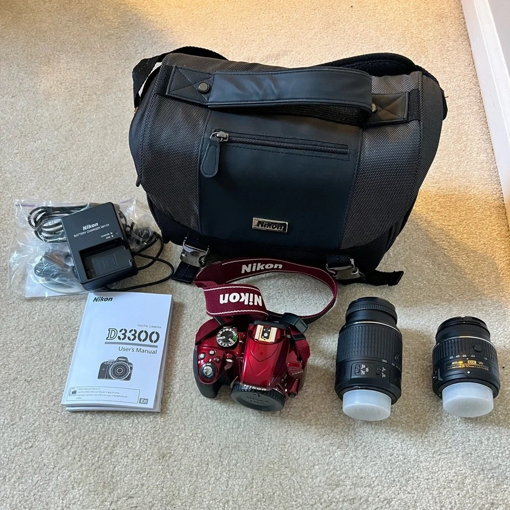 Nikon D3300 DSLR Camera with 1855mm VR II and 55200mm VR II Lenses Red and case